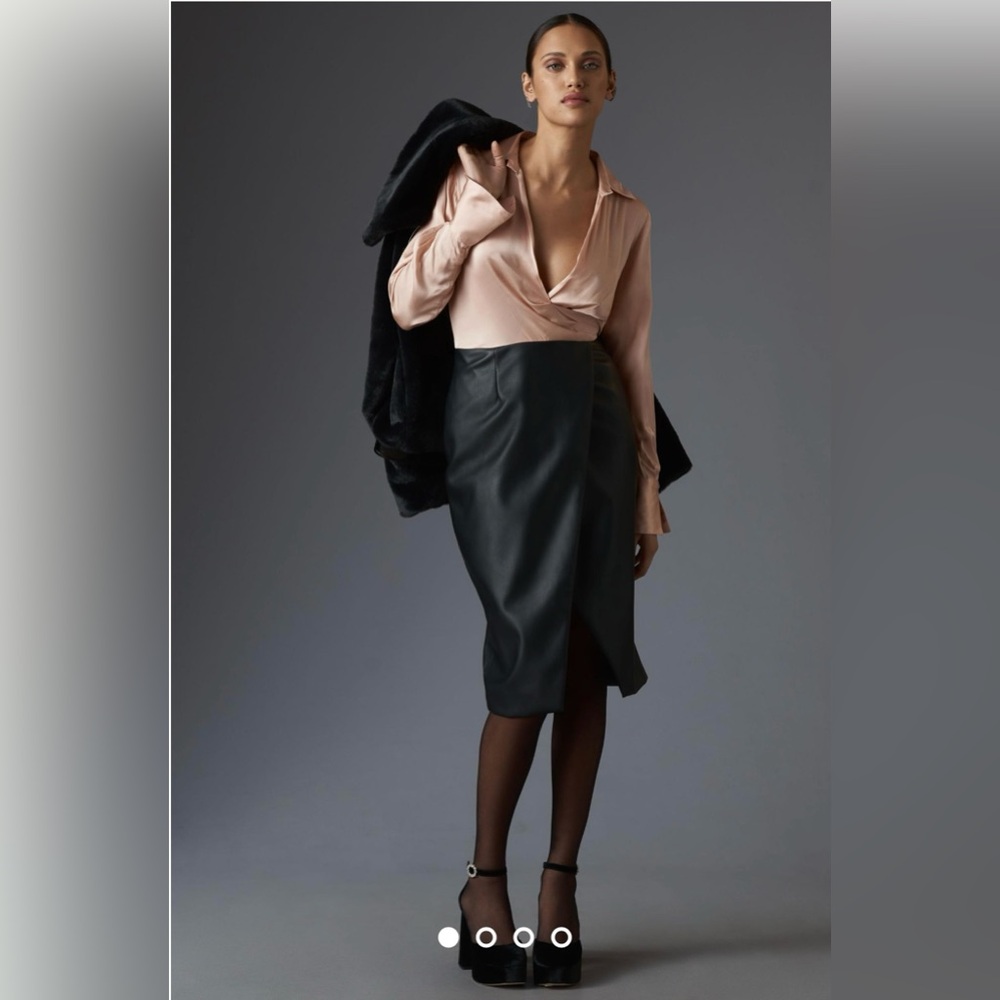 Anthropologie Long-Sleeve V-Neck Faux Leather Satin Midi Dress- Size 6
